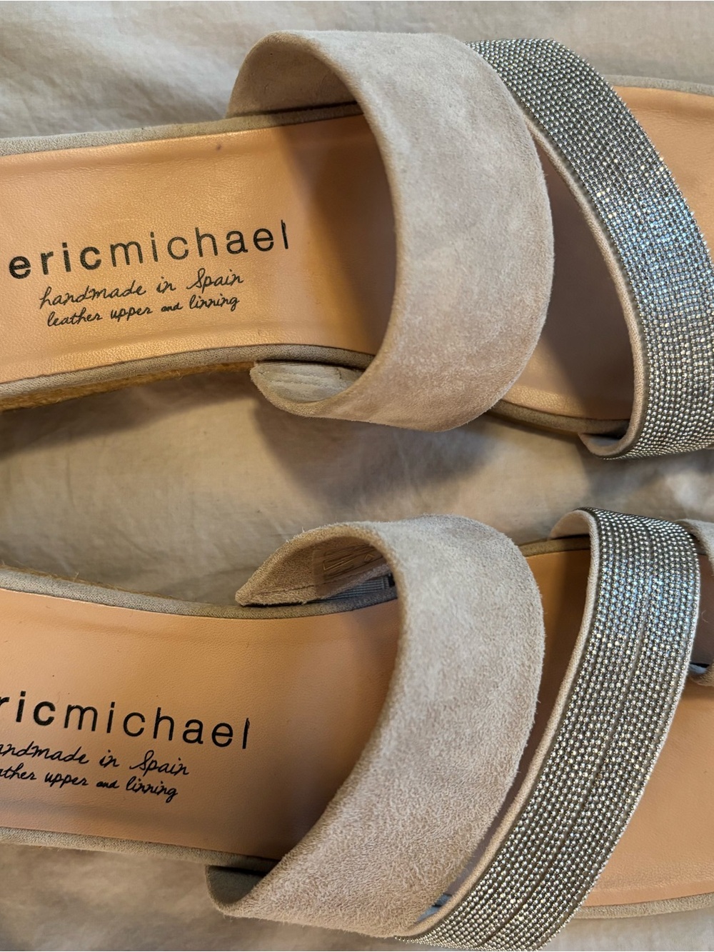 Eric Michael Taupe Suede Slide Sandals with Rhinestone Strap